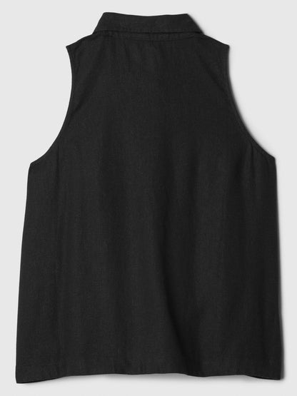 Siyah Keten Karışımlı Crop Gömlek
