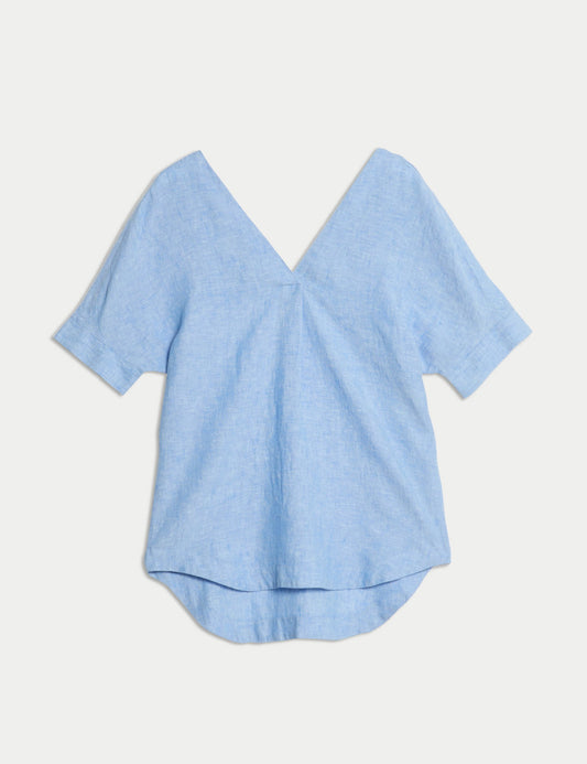 Saf Keten V Yakalı Relaxed Popover Bluz