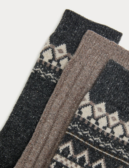 3’lü Fair Isle Desenli Yün Karışımlı Çorap Seti