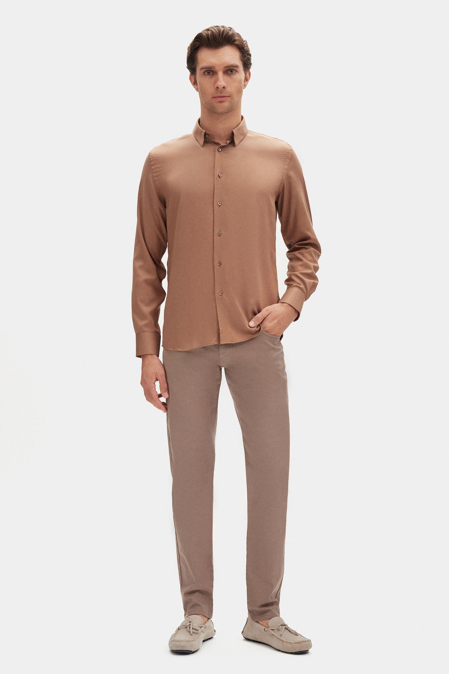 Damat Slim Fit Camel Düz Gömlek