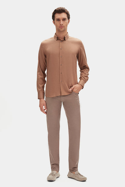 Damat Slim Fit Camel Düz Gömlek