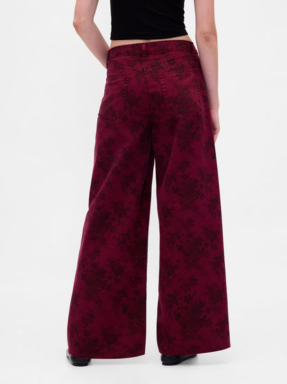 Bordo Mid Rise Çiçekli Baggy Jean Pantolon