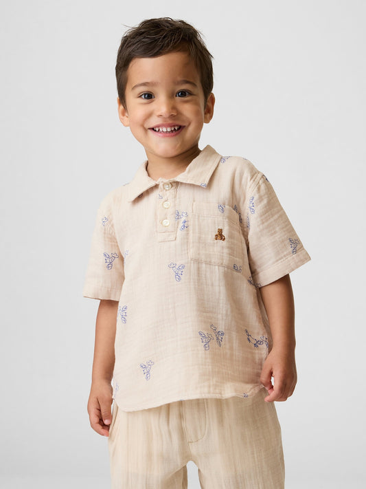 Bej Pamuk Gauze Baskılı Polo T-shirt