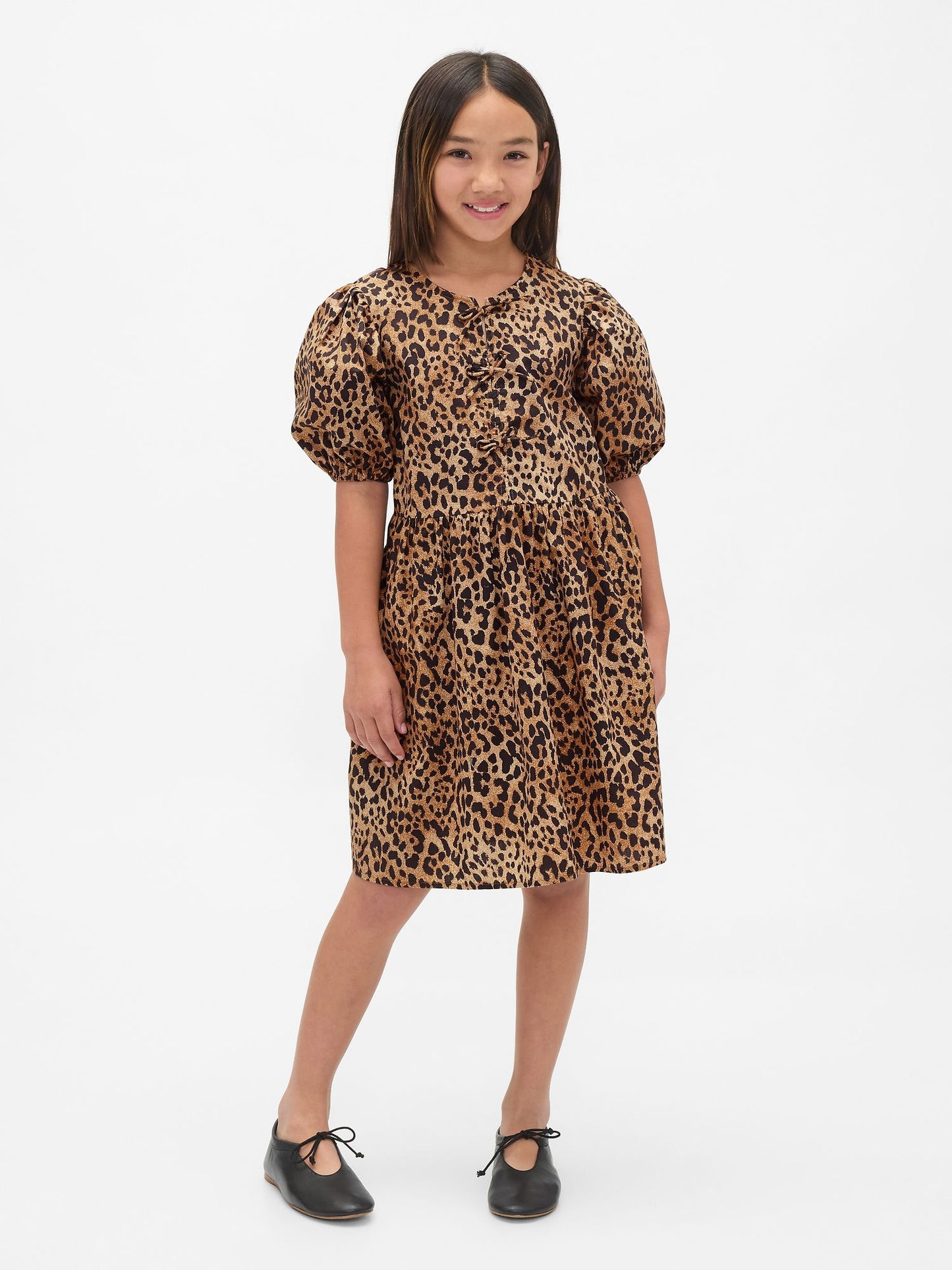 Kahverengi Poplin Puff-sleeve Leopar Desenli Elbise
