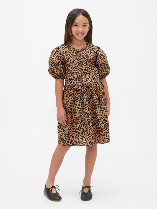 Kahverengi Poplin Puff-sleeve Leopar Desenli Elbise