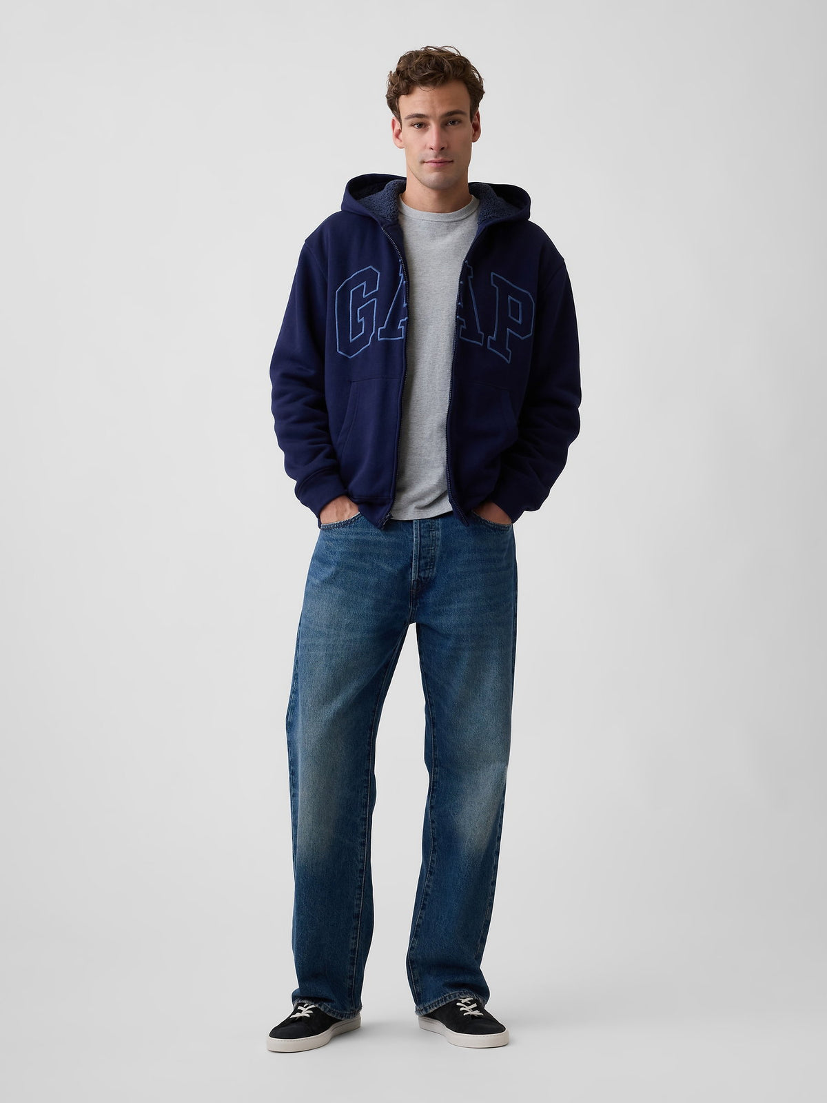 Lacivert Relaxed Gap Logo Sherpa Astarlı Fermuarlı Sweatshirt