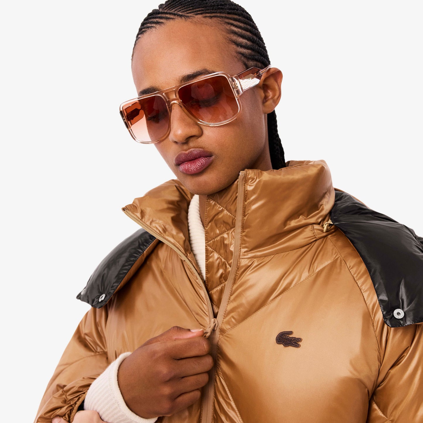 Lacoste Kadın Oversize Fit Kapüşonlu Kapitone Açık Kahverengi Mont