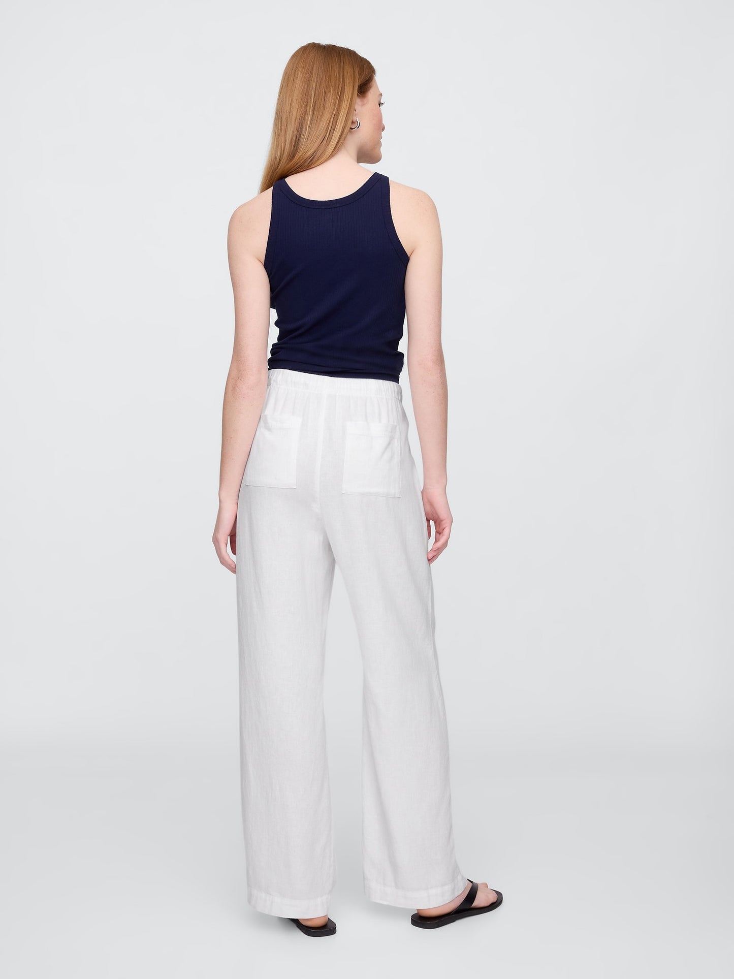 Beyaz Mid Rise Keten Karışımlı Pull-on Wide-leg Pantolon