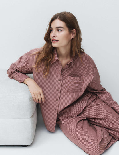 Pamuklu Poplin Çizgili Pijama Gömleği
