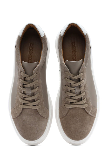 Erkek Bej Bağcıklı Deri Sneaker