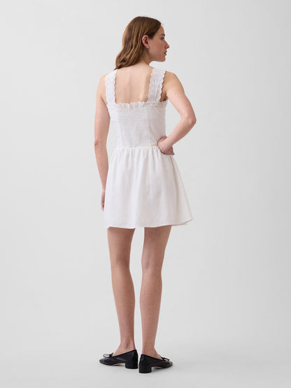 Beyaz Pintuck Drop-waist Mini Elbise