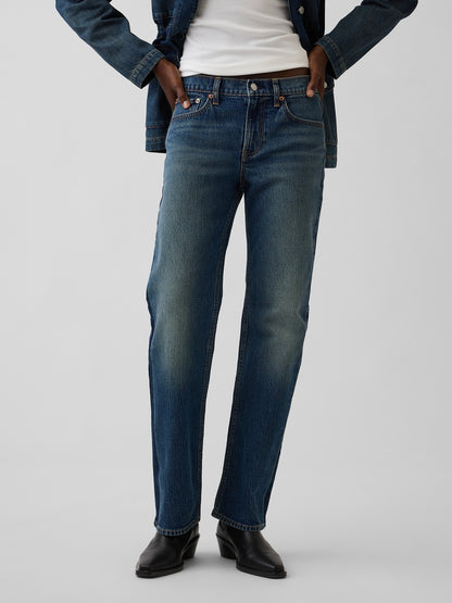 Koyu Mavi Mid Rise Relaxed Straight Jean Pantolon