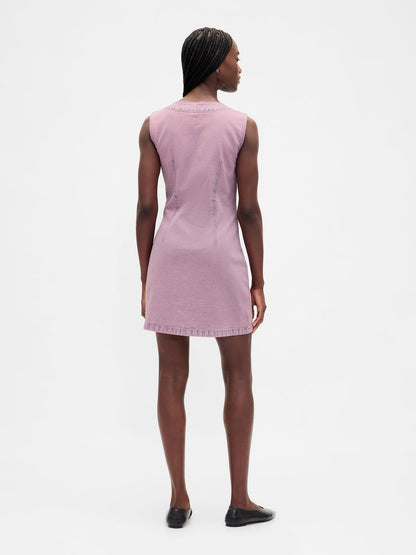 Pembe Denim V-yaka Mini Elbise
