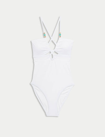 Boncuk Detaylı Cut Out Bandeau Mayo