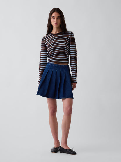 Koyu Mavi Denim Pileli Mini Etek