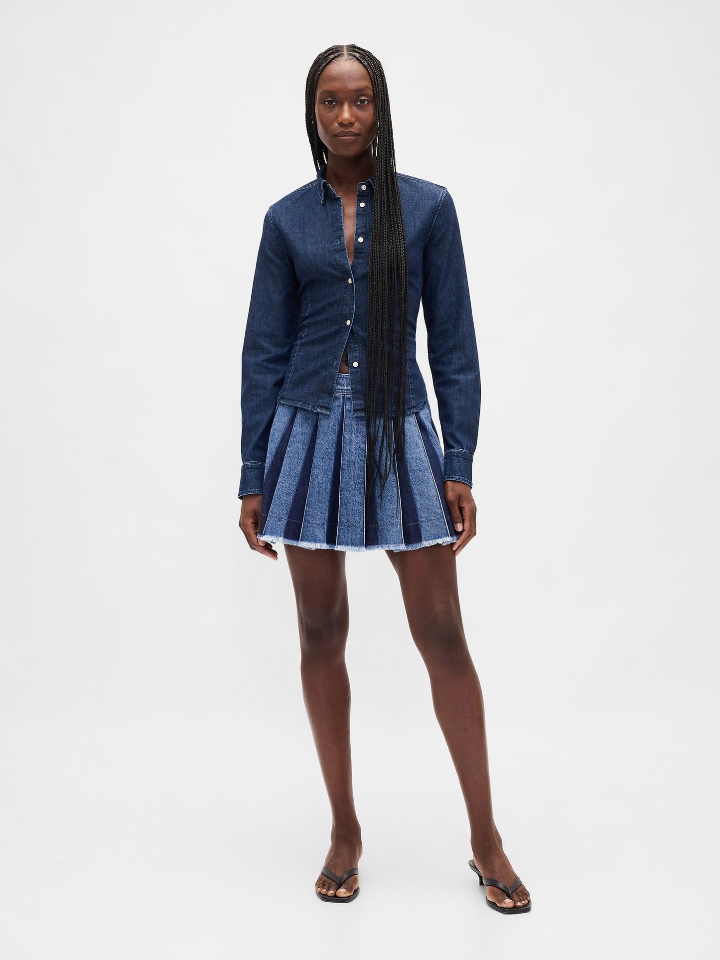 Koyu Mavi Pileli Denim Mini Etek