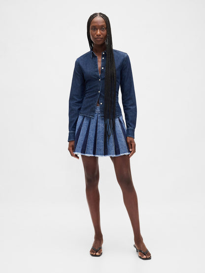Koyu Mavi Pileli Denim Mini Etek