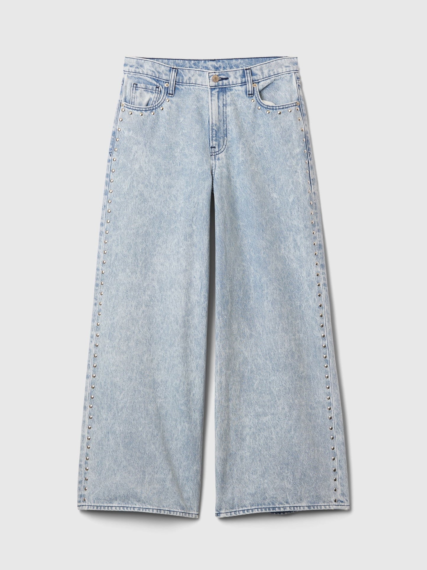 Açık Mavi Mid Rise Studded Baggy Jean Pantolon