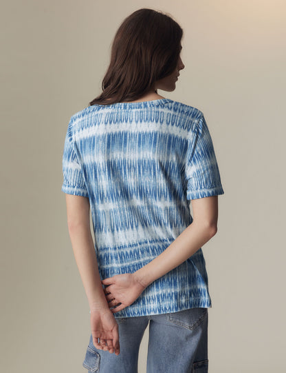 Kısa Kollu Desenli Keten T-shirt