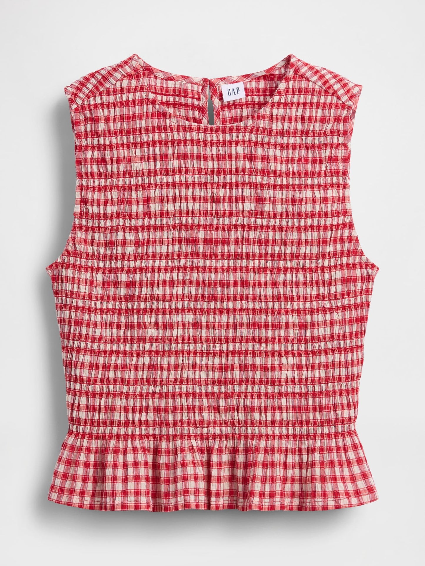 Kırmızı Smocked Gingham Crop Peplum Üst