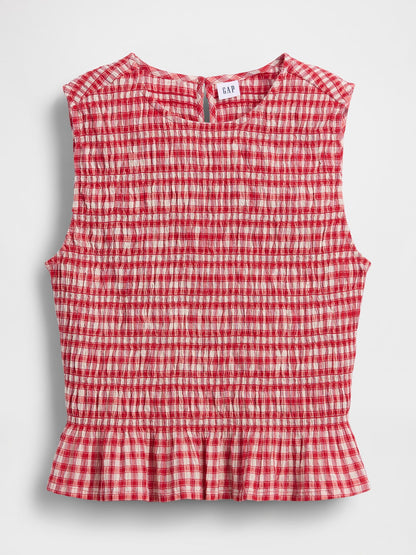 Kırmızı Smocked Gingham Crop Peplum Üst