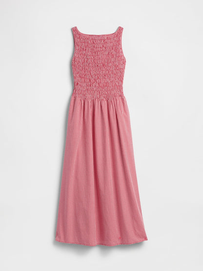 Kırmızı Smocked Boatneck Maxi Elbise