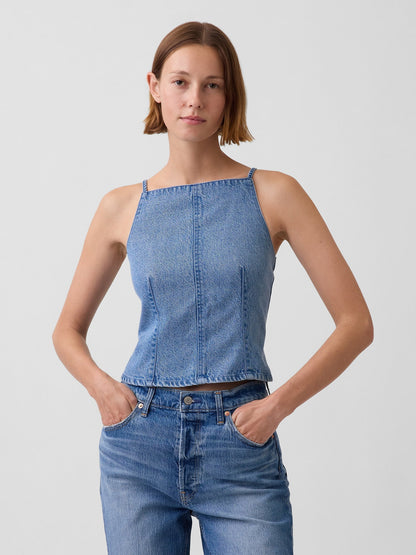 Koyu Mavi Ultrasoft Denim Dikişli Kare Yaka Üst