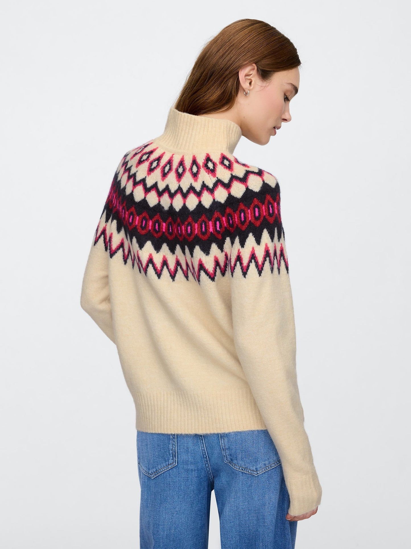 Bej Fair Isle Desenli Balıkçı Yaka Kazak