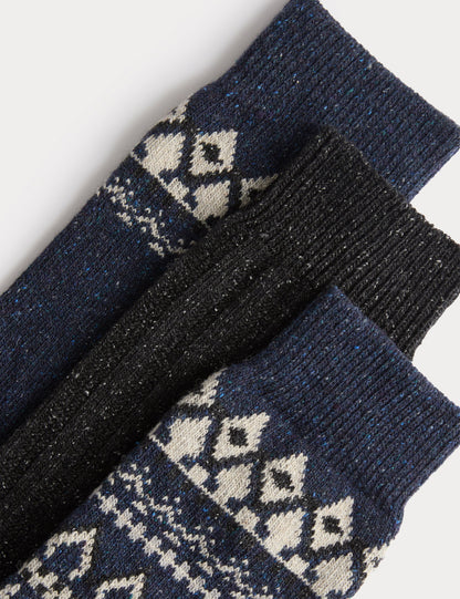 3’lü Fair Isle Desenli Yün Karışımlı Çorap Seti
