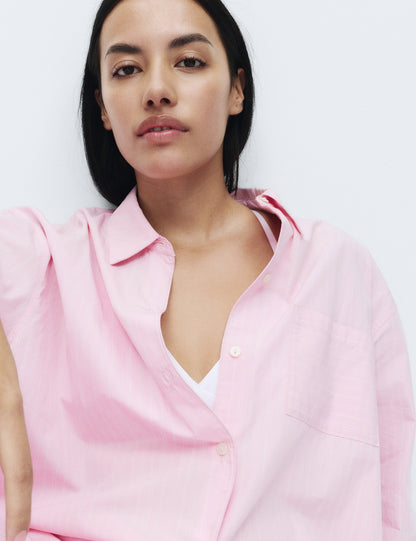 Saf Pamuklu Çizgili Poplin Pijama Üstü