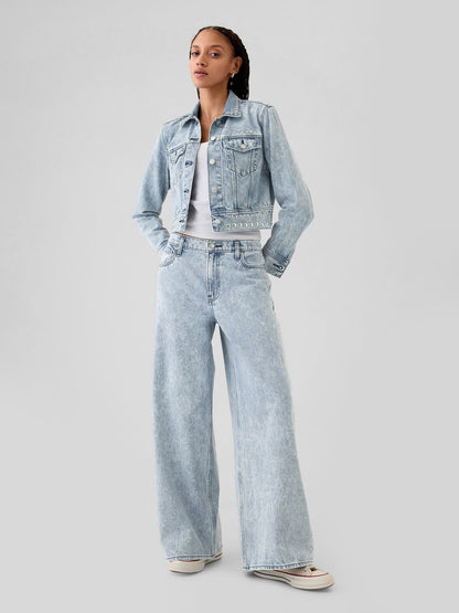 Açık Mavi Mid Rise Studded Baggy Jean Pantolon