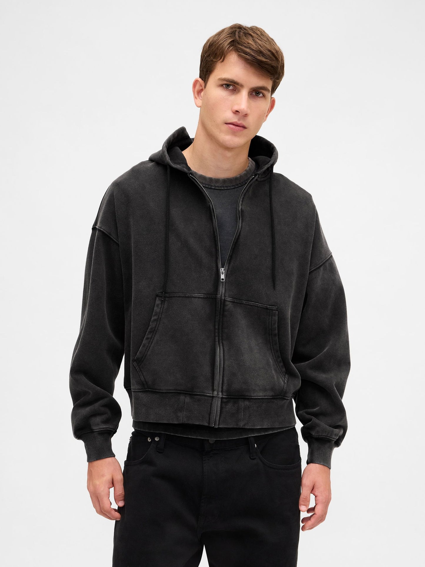 Siyah Heavyweight Oversized Crop Fermuarlı Sweatshirt