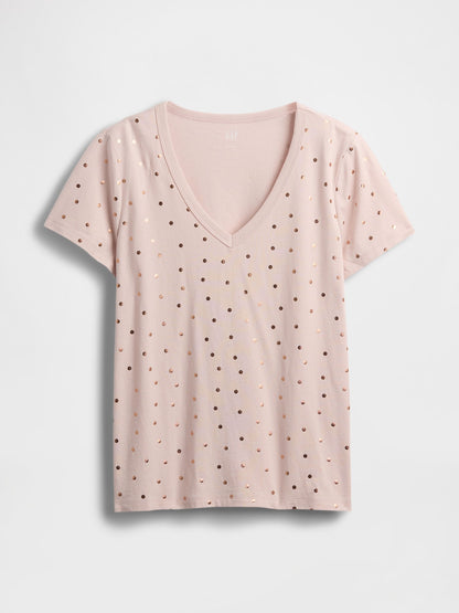 Açık Pembe V Yaka Grafik T-shirt