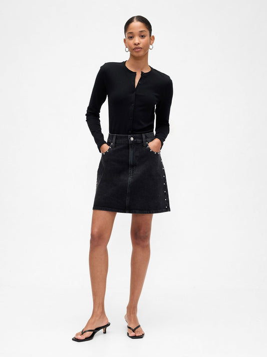 Siyah High Rise Denim Mini Etek