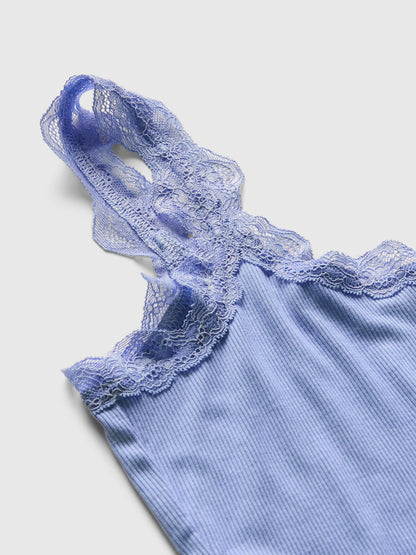 Mavi Dantel Detaylı Askılı Pijama Üstü