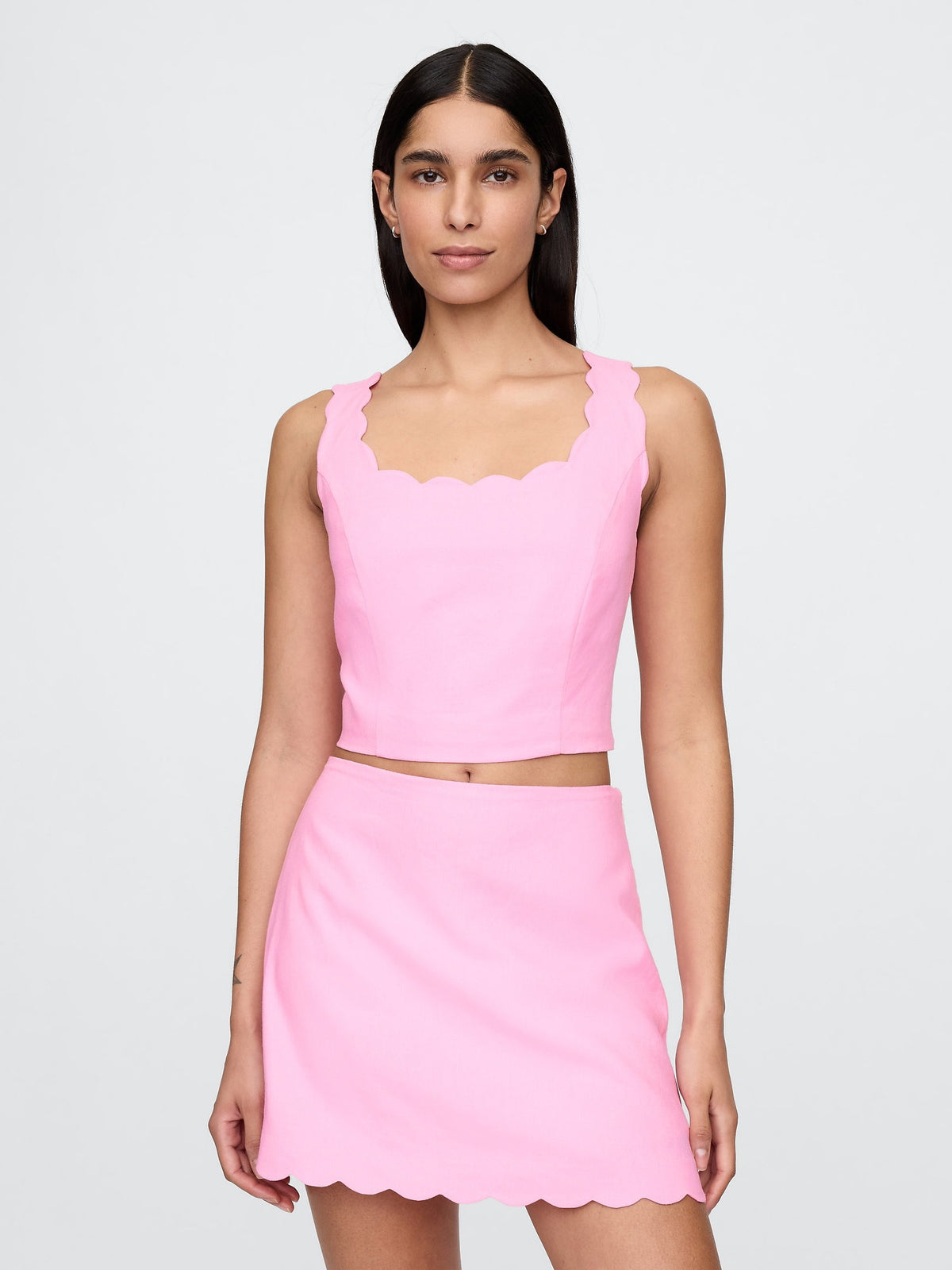 Pembe Keten Karışımlı Crop Askılı Bluz