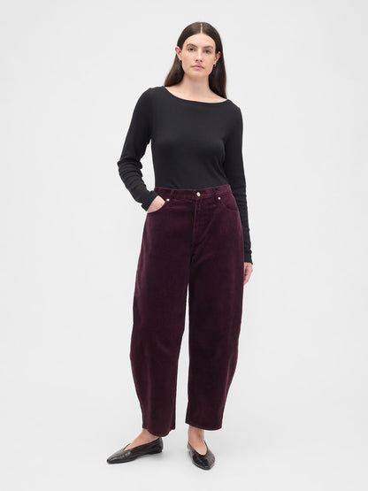 Bordo High Rise Barrel Corduroy Pantolon