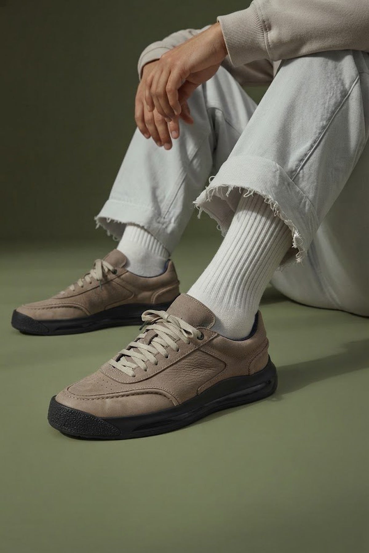 Erkek Vizon Bağcıklı Nubuk Deri Sneaker