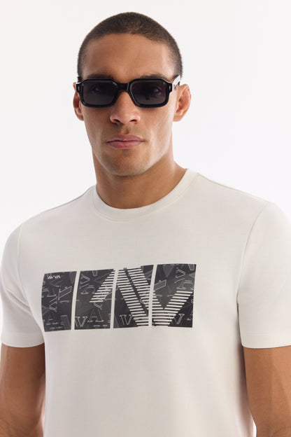 Ekru Bisiklet Yaka Baskılı Bi-stretch Interlok T-shirt