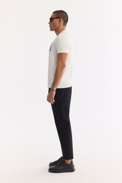 Ekru Bisiklet Yaka Baskılı Bi-stretch Interlok T-shirt
