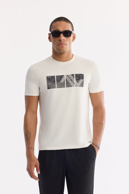 Ekru Bisiklet Yaka Baskılı Bi-stretch Interlok T-shirt