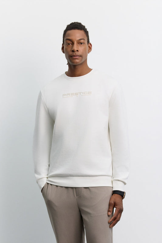 Ekru Bisiklet Yaka Kolay Ütülenen Baskılı Interlok Sweatshirt