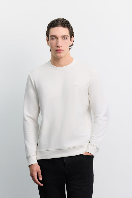 Ekru Bisiklet Yaka Kolay Ütülenen Interlok Sweatshirt