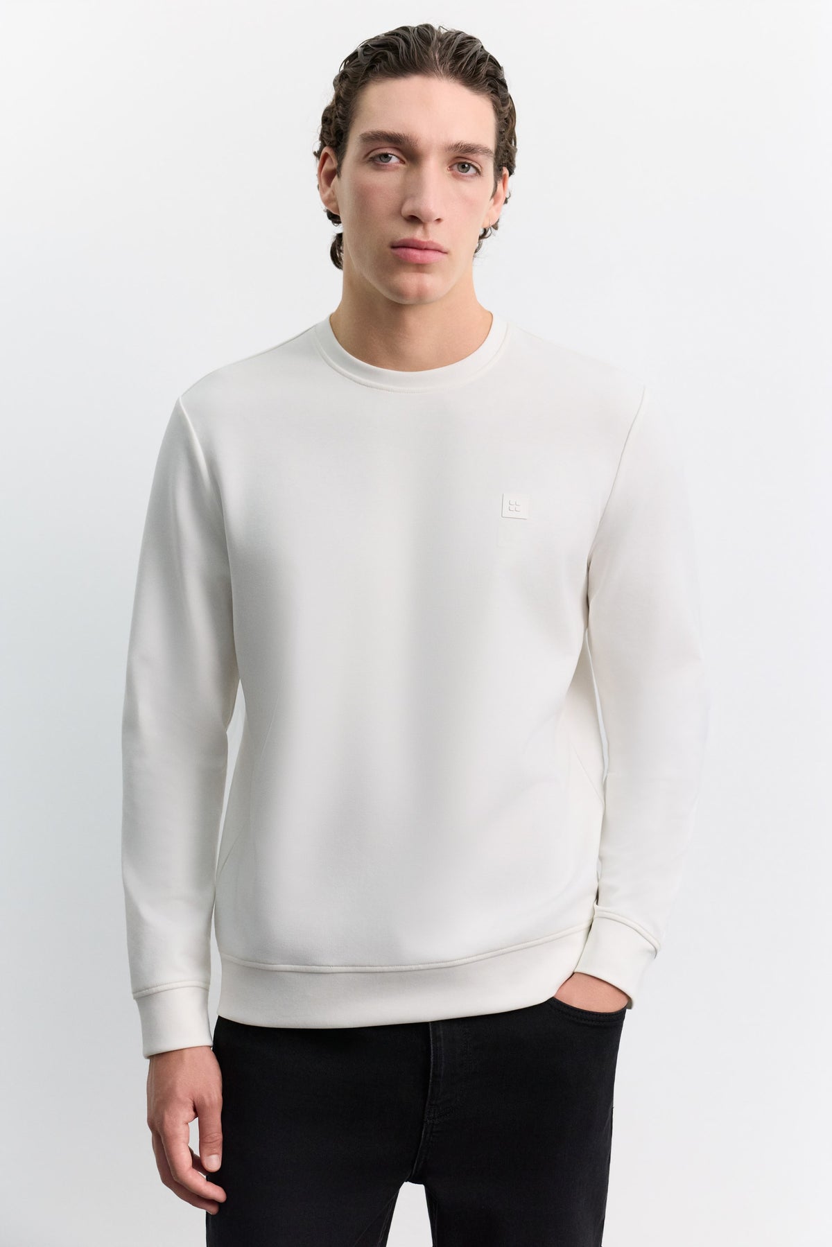Ekru Bisiklet Yaka Kolay Ütülenen Interlok Sweatshirt