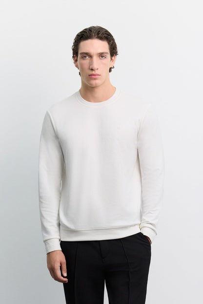 Ekru Bisiklet Yaka Kolay Ütülenen Sweatshirt