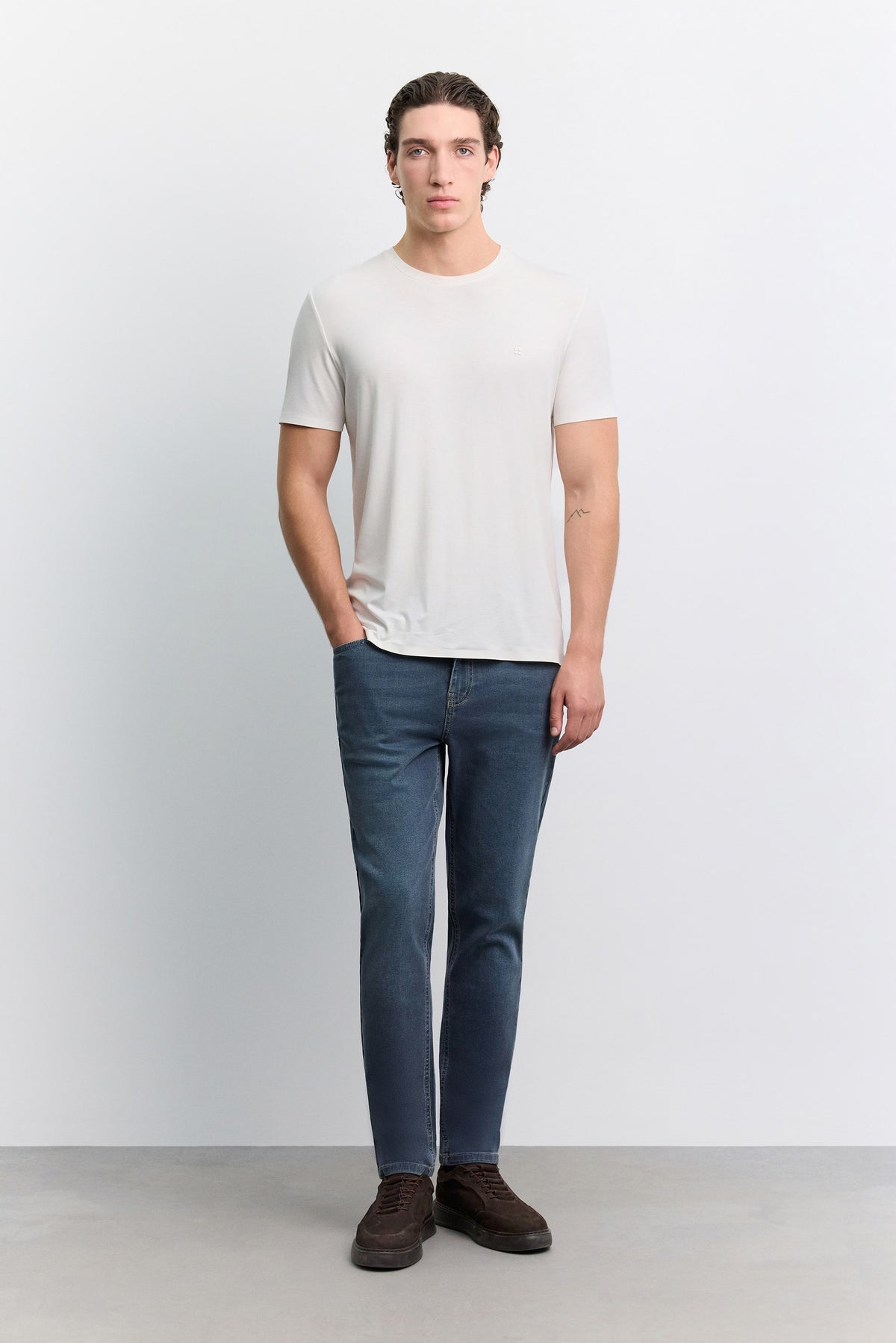 Ekru Bisiklet Yaka Soft Touch Premium Basic T-shirt