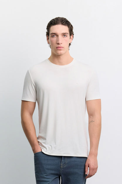 Ekru Bisiklet Yaka Soft Touch Premium Basic T-shirt
