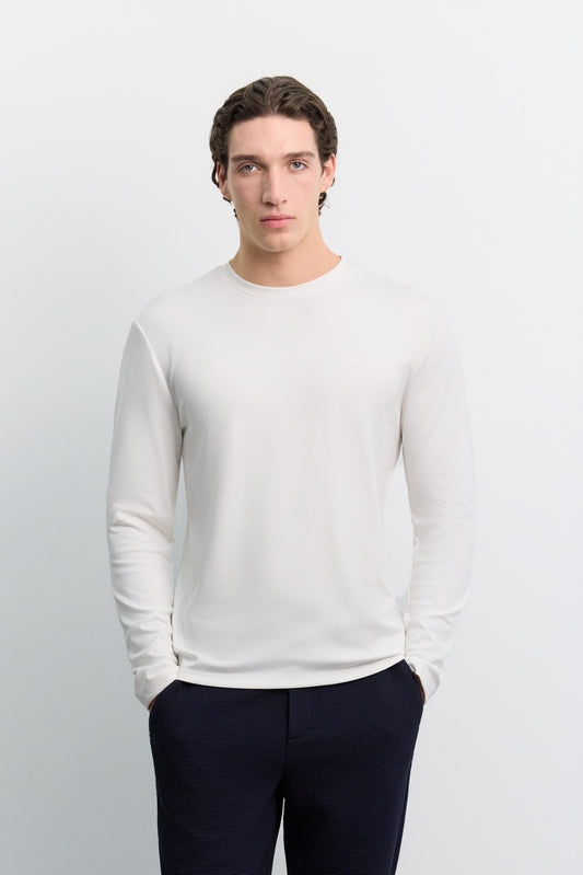 Ekru Bisiklet Yaka Viskon Karışımlı Bi-stretch Basic Sweatshirt