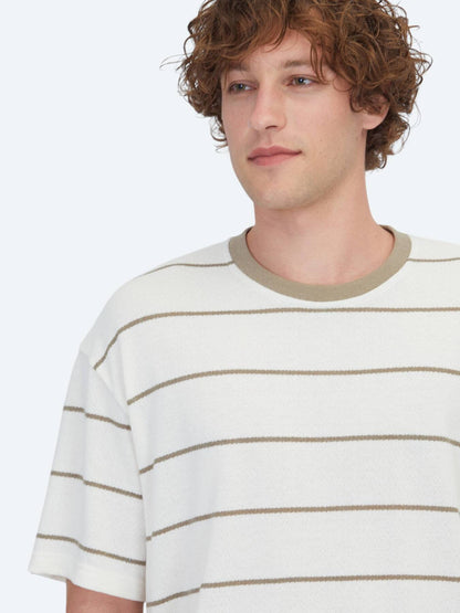 Ekru Çizgili Pamuk Karışımlı T-shirt