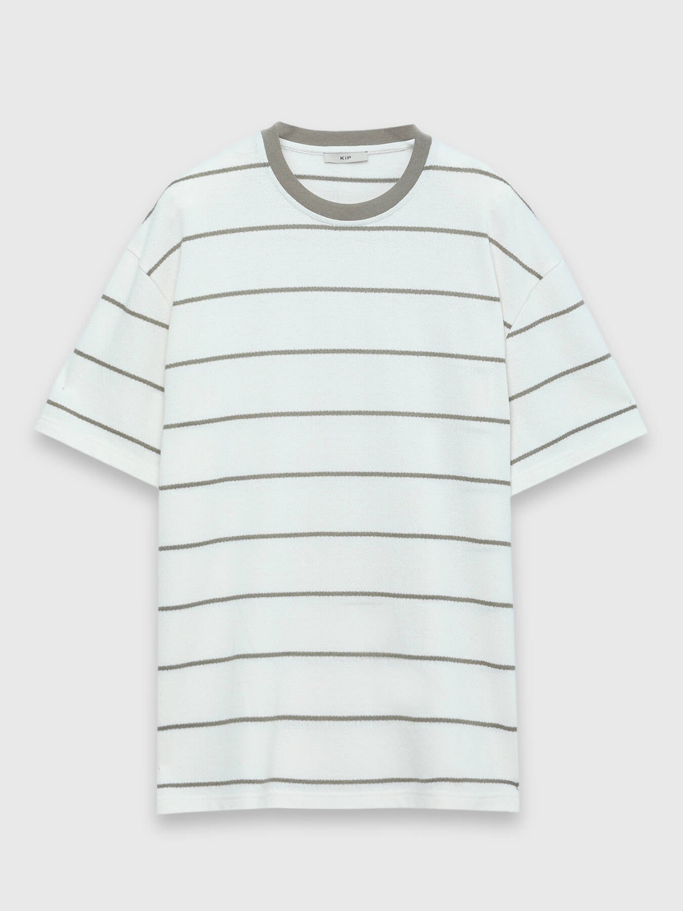 Ekru Çizgili Pamuk Karışımlı T-shirt